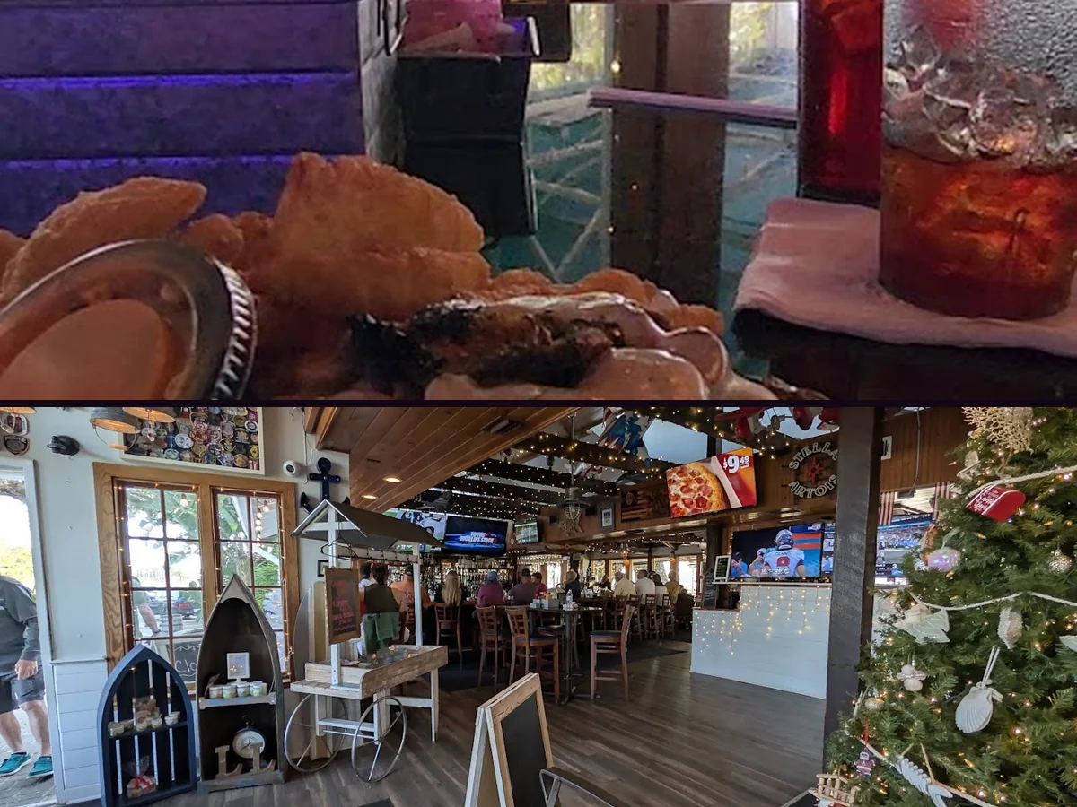 TVs and restaurant seating in a grill
