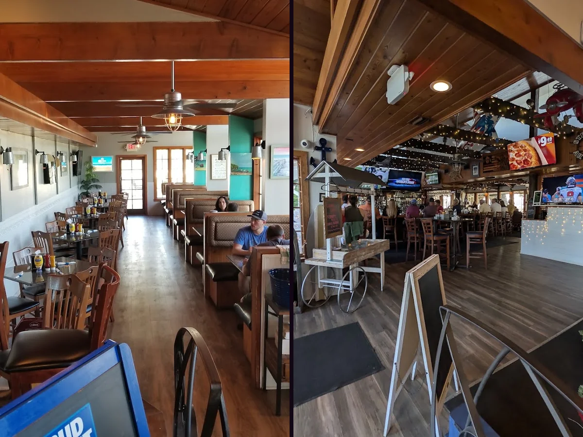 Beach-themed bar and grill dining area