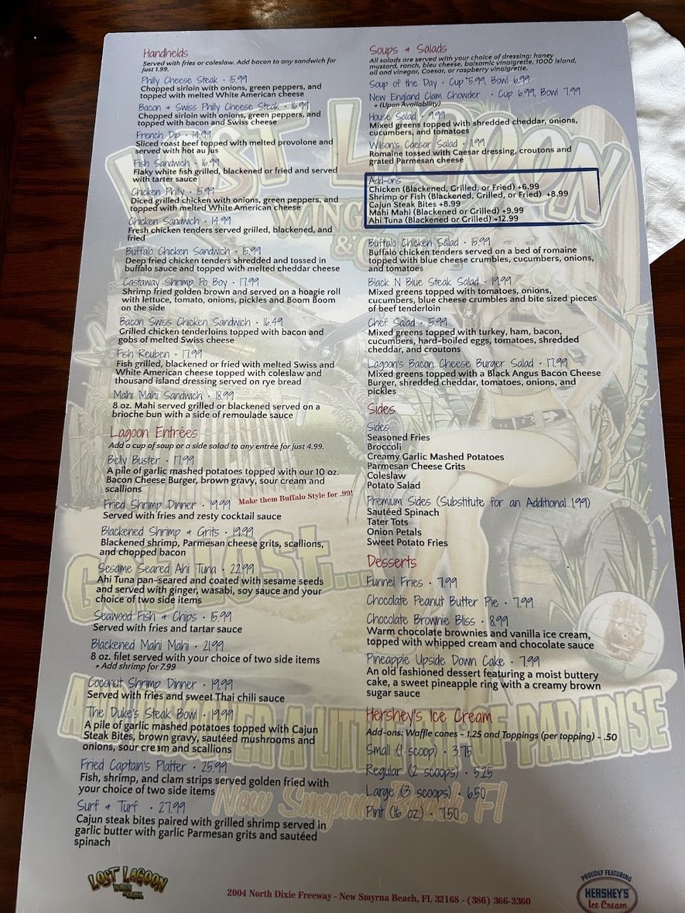 American menu for wings, burgers, and seafood