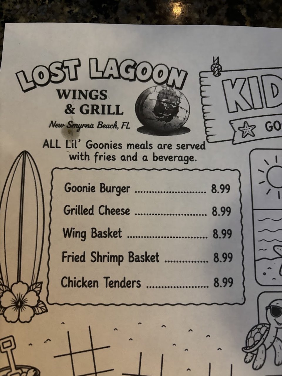 Printed menu from a chicken wings restaurant