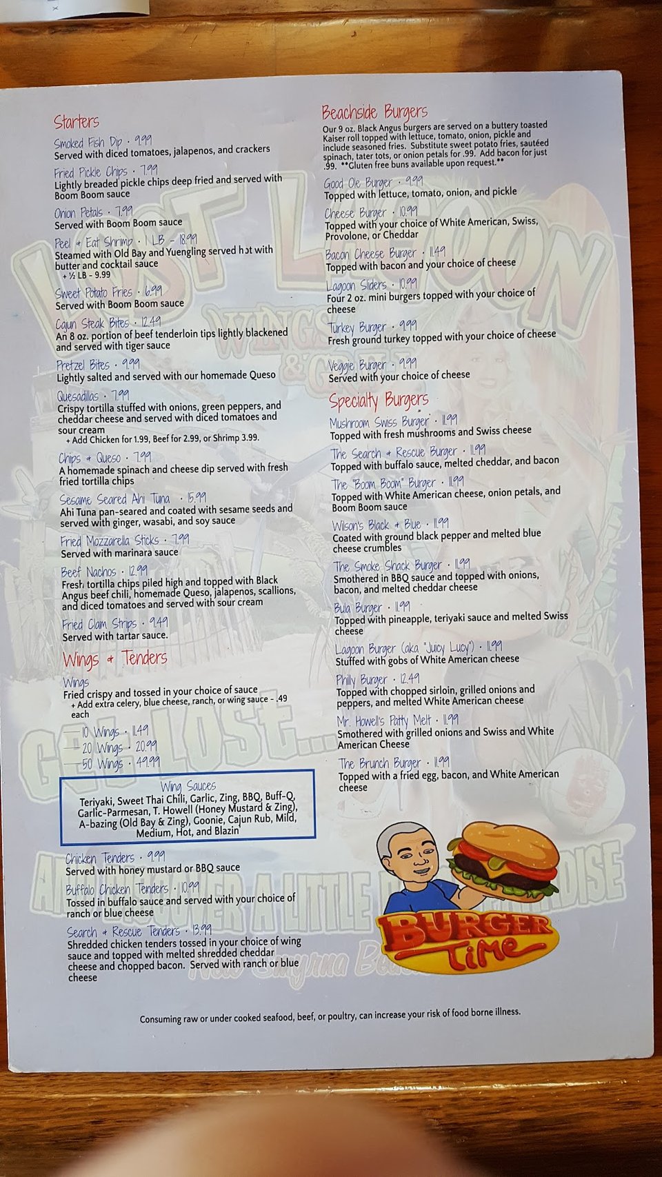 Menu board from a casual bar and grill